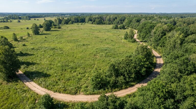 Na tym obrazie widać widok z lotu ptaka (z drona) na rozległą, niezabudowaną działkę budowlaną otoczoną przyrodą