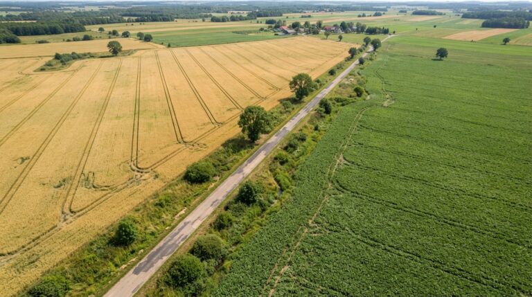 Na tym obrazie widać widok z lotu ptaka (z drona) na polski krajobraz rolniczy